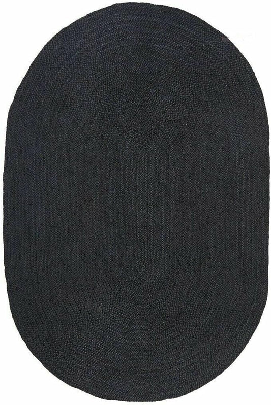Handmade Braided Natural Jute Black Oval Shape Floor Area Rug-Floor Carpet Rug