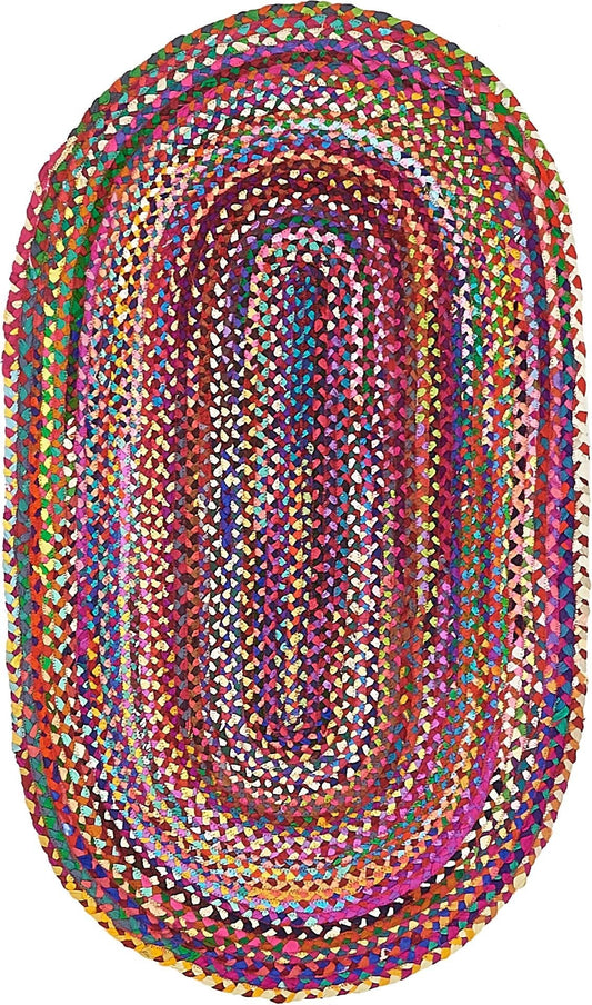Handmade Multi-Color Oval Braided Cotton Rug - Vibrant Bohemian Style Area Rug