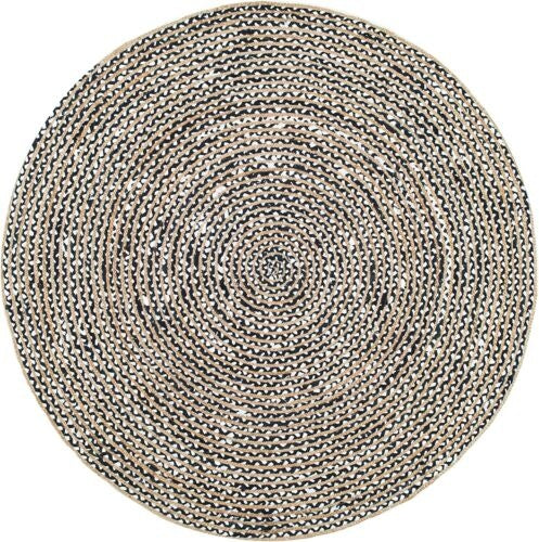 Handmade Braided Natural Jute and Cotton Beige & Black Round Area Rug | Handwoven Minimalist Area Rug