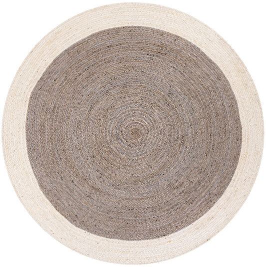 Modern Grey Round Area Rug with White Border | Handwoven Minimalist Round Carpet