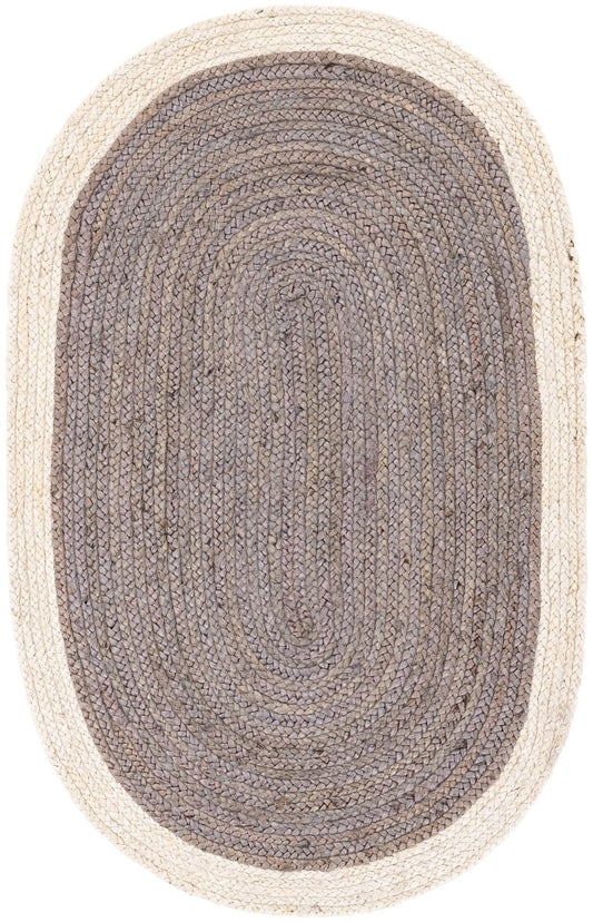 Elegant Two-Tone Oval Jute Rug | Grey Center with Natural White Border | Hand-Woven Reversible Area Rug