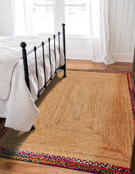 Handmade Braided Rectangle Inner Natural Jute With Cotton Border Floor Area Rug-Floor Carpet Rug-Bed Side Runner Rug