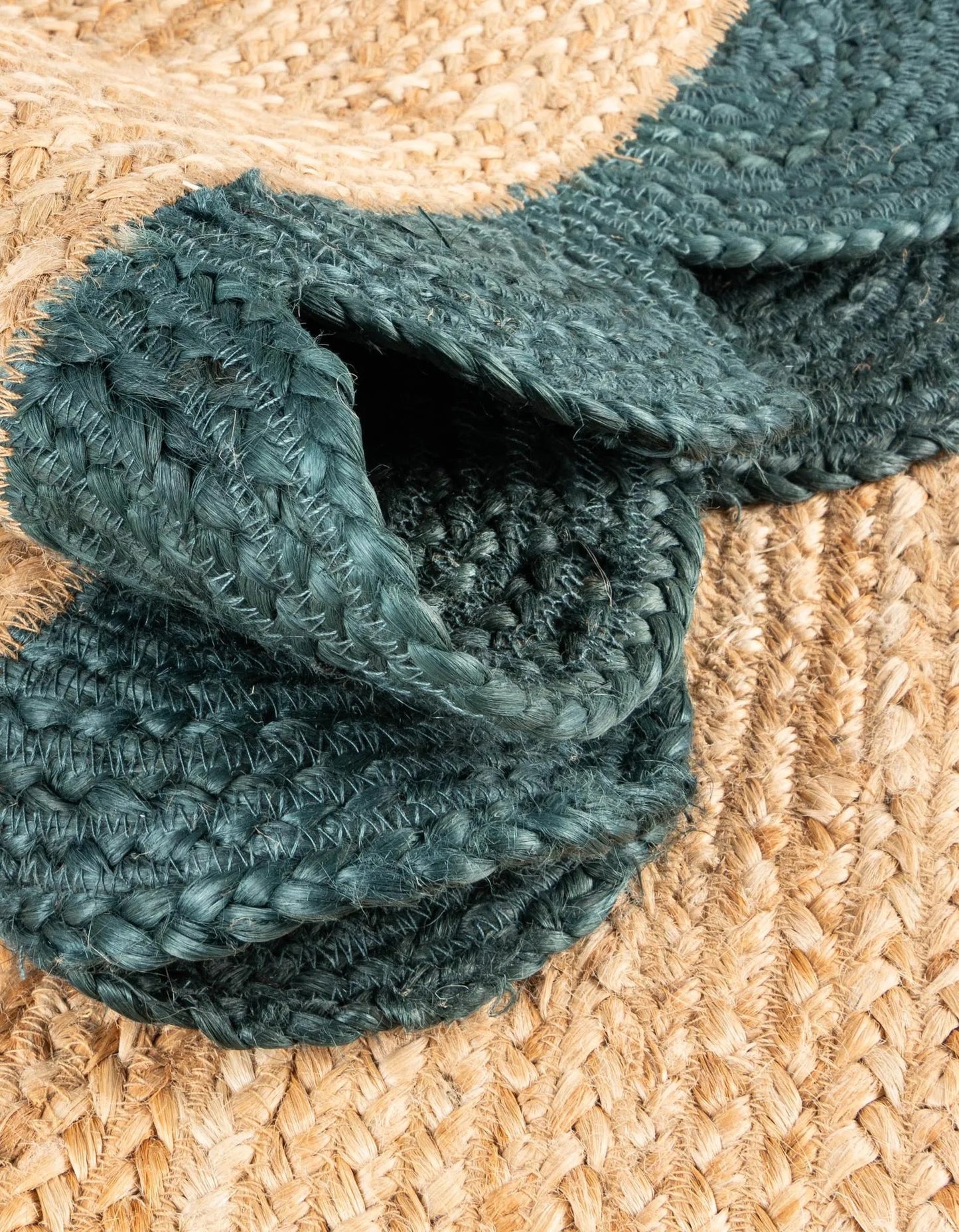 Handmade Braided Natural Jute With Green Border Rectangle Scalloped Floor Area Rug,Floor Carpet Rug