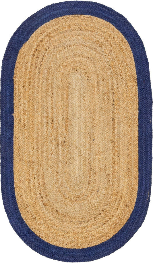 Natural Jute Oval Rug with Navy Blue Border | Hand-Woven Coastal Farmhouse Area Rug