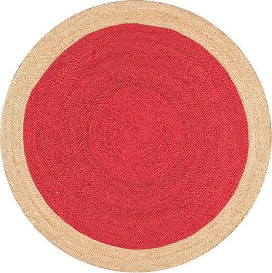 Round Jute Area Rug with Red Center & Natural Border | Handwoven Boho Area Carpet