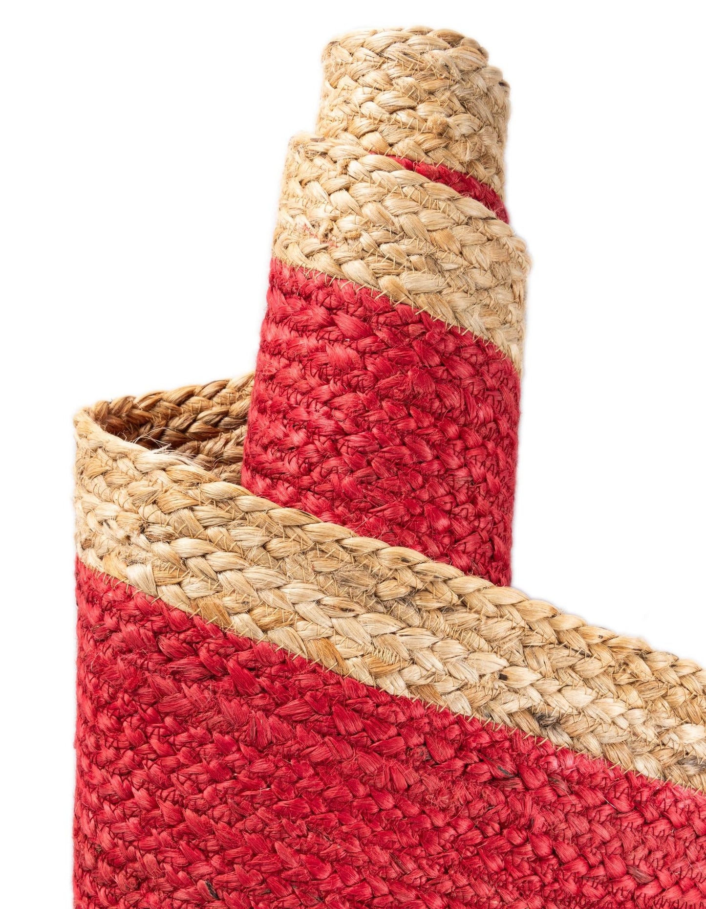 Round Jute Area Rug with Red Center & Natural Border | Handwoven Boho Area Carpet