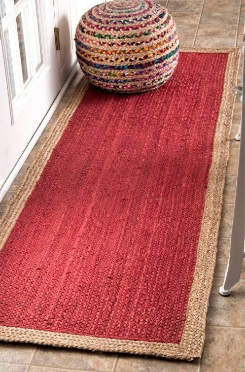 Handmade Braided Natural Jute Inner Red With Natural Border Border Floor Area Runner Rug