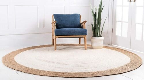 Handmade Natural Jute White Round Area Rug with Natural Border – Eco-Friendly Braided Area Rug Floor Carpet