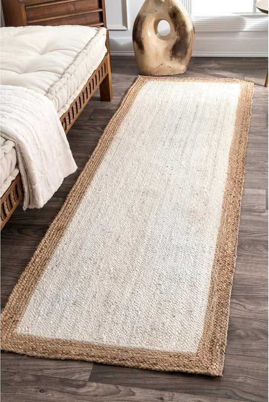 Handmade Braided Natural Jute Inner White With Natural Border Border Floor Area Runner Rug
