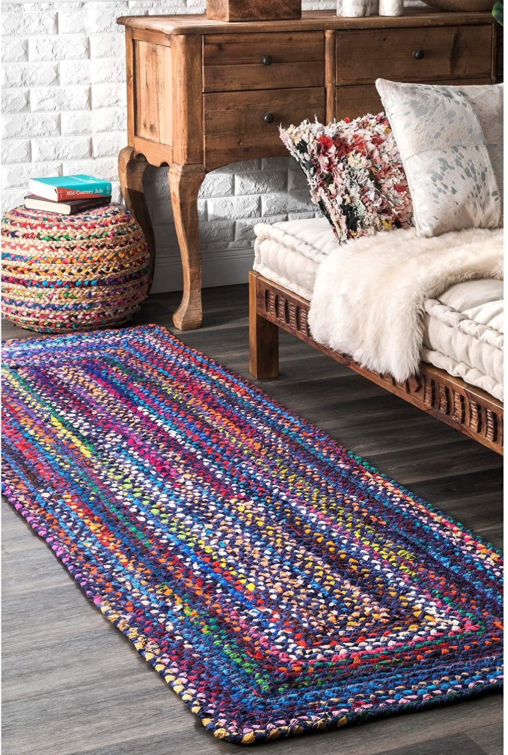 Handmade Braided Blue Multi Cotton Rectangle Floor Area Rug-Floor Carpet Rug-Bed Side Runner Rug