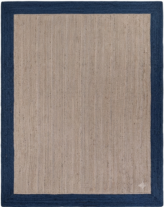 Natural Jute Area Rug with navy border and light beige center, hand-braided natural jute construction for indoor flooring