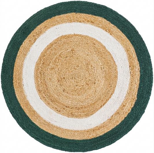 Natural Jute Area Rug round rug green teal and beige braided jute with white concentric circles