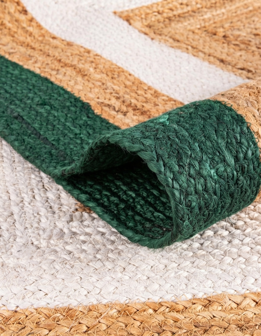handmade Jute Runner green and natural woven Floor Carpet with braided edge close-up