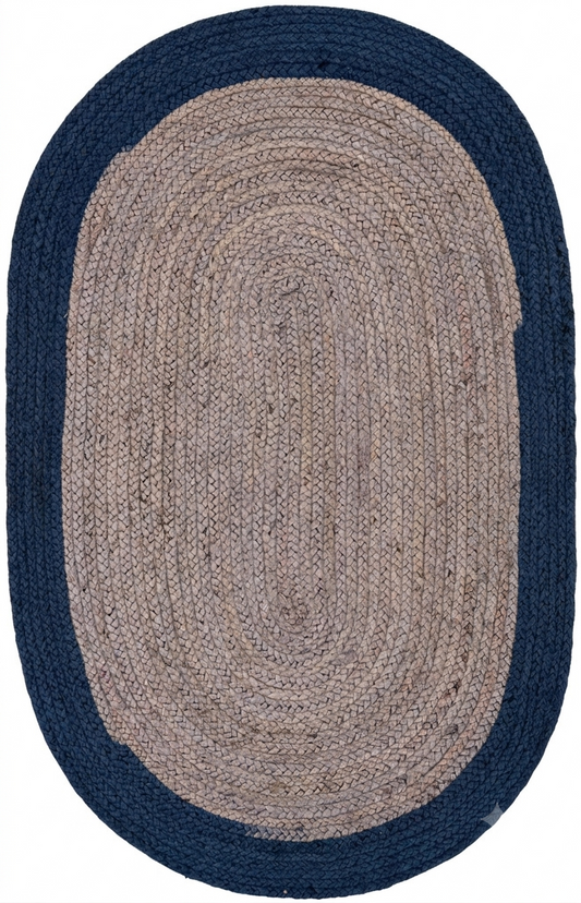 Natural Jute Area Rug with blue and beige hand-braided oval pattern, reversible indoor hallway and entryway floor carpet