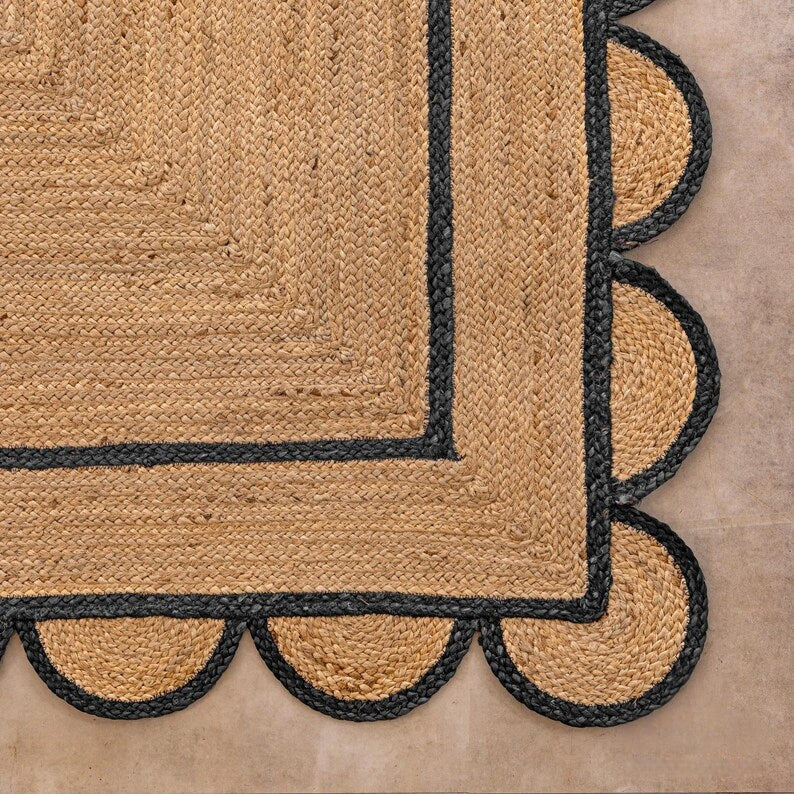 Handmade Scalloped Rectangle Jute Rug with Black Border | Eco-Friendly Natural Area Carpet