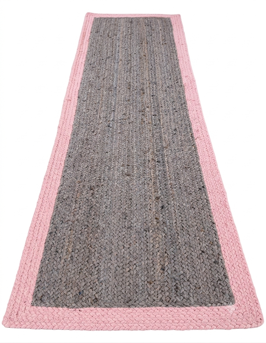 Natural Jute Area Rug with pink border and gray braided center, hand-braided indoor floor carpet runner