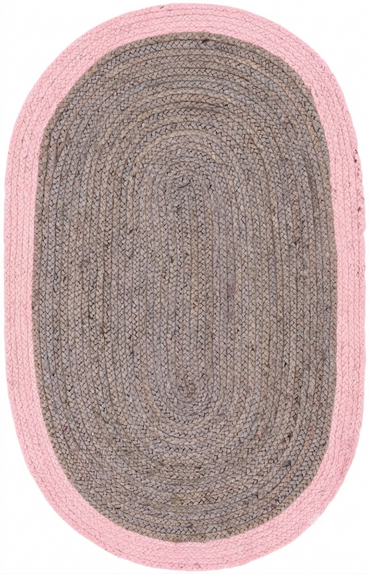 Natural Jute Area Rug with pink and gray oval braided border, indoor hallway and entryway area rug
