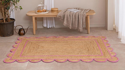 Handmade Scalloped Rectangle Jute Rug with Pink Border – Eco-Friendly Natural Jute Area Carpet for Living Room & Bedroom