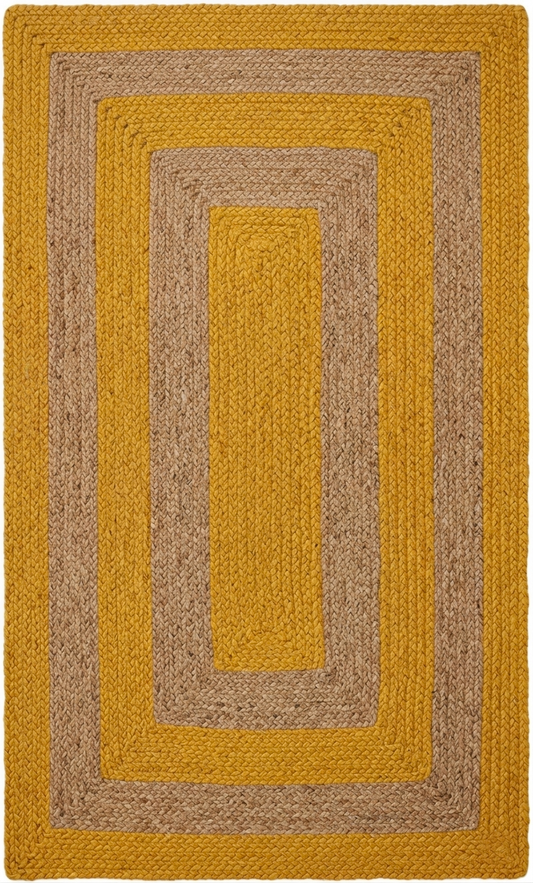 Natural Jute Area Rug geometric stripe design in tan, mustard and beige for indoor floor carpet