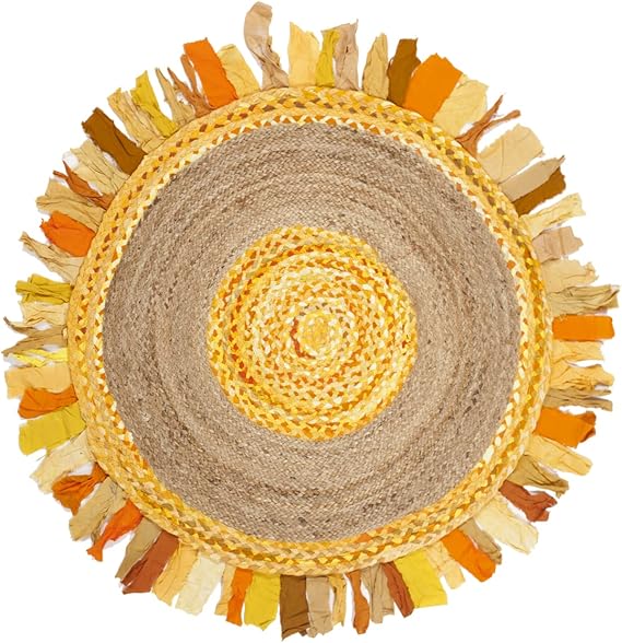 Round woven mat with multicolored fringe on a white background