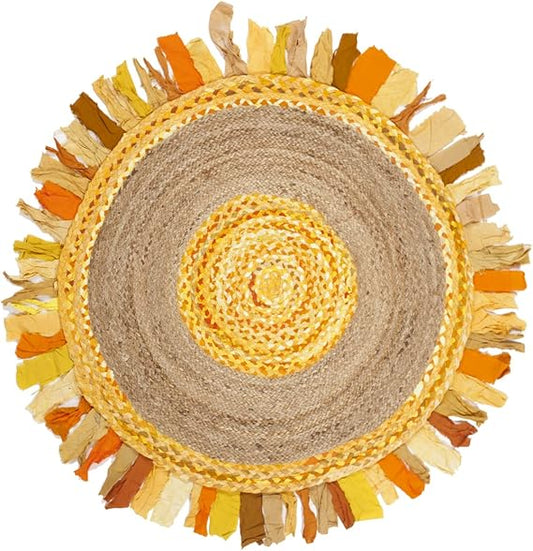 Round woven mat with multicolored fringe on a white background