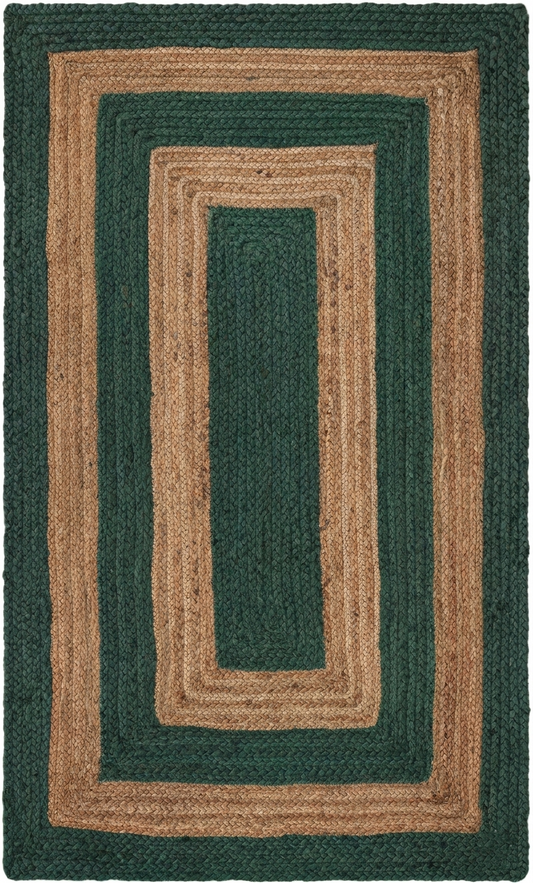 Natural Jute Area Rug in green and tan jute with geometric medallion pattern, Floor Carpet Rug