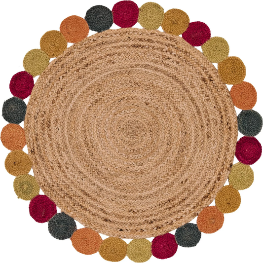 Handmade Round Jute Rug with Colorful Pom Pom Border – Eco-Friendly Natural Boho Area Rug