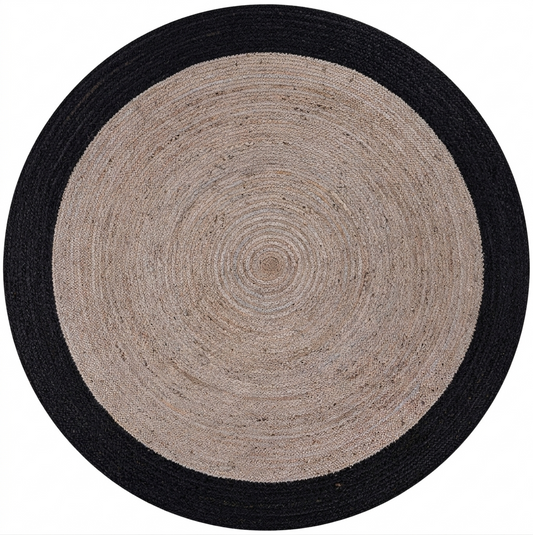 Round rug with black border and beige center on a white background