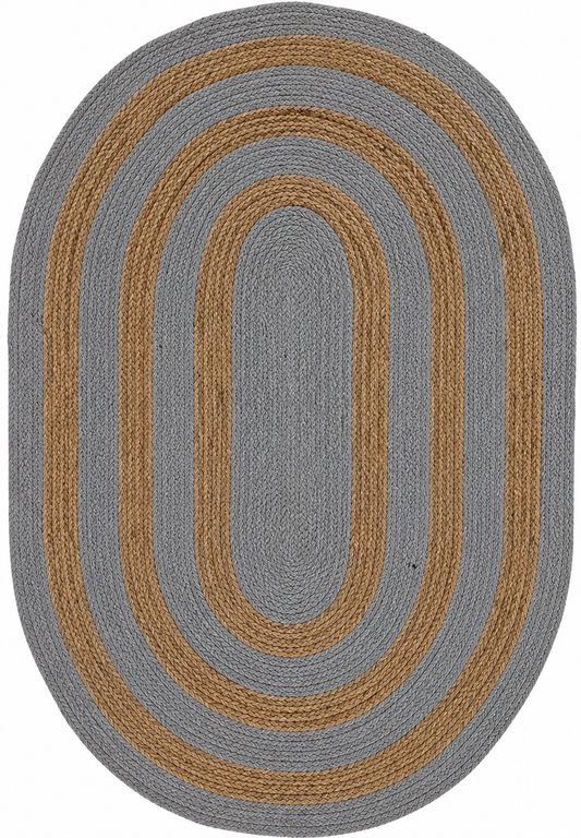 Natural Jute Area Rug round rug with braided border, gray and tan oval pattern, textured floor carpet style