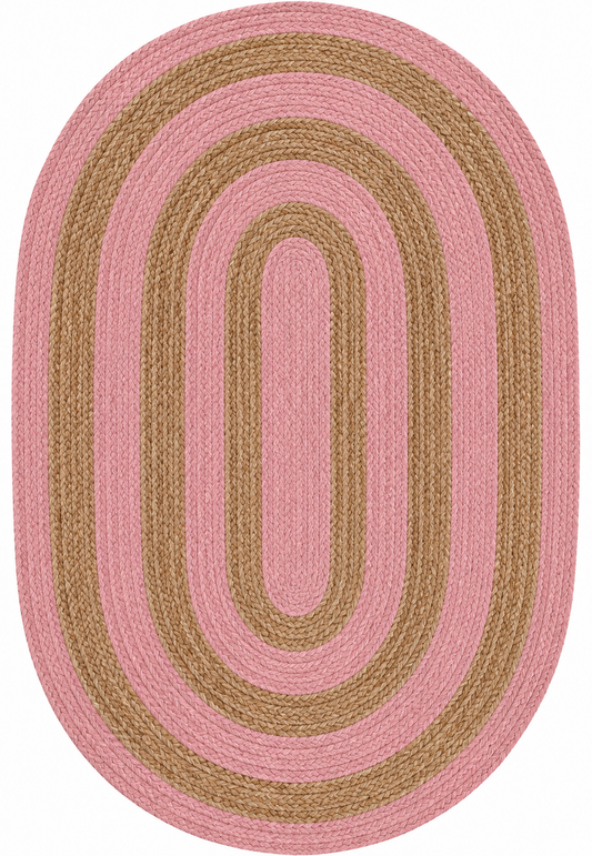 Pink and tan Natural Jute Area Rug with bold braided oval pattern, round rug style