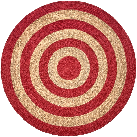Natural Jute Area Rug Round Rug circular with red and beige concentric striped pattern