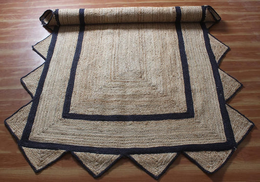 Handmade Natural Black Geometric Scalloped Jute Rug Rectangle Braided Area Rug