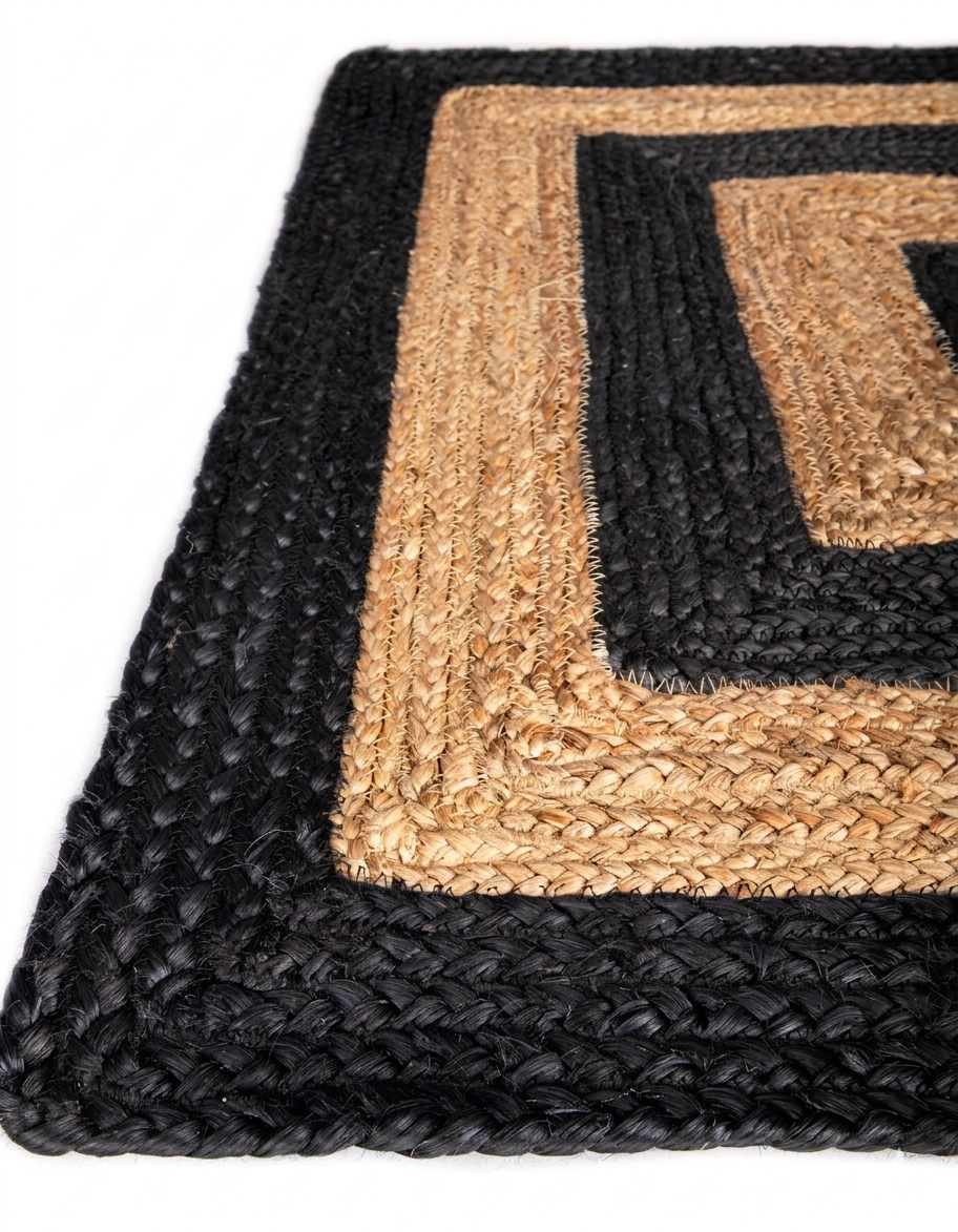 Black and natural woven Natural Jute Area Rug braided border, flatweave floor carpet rug texture