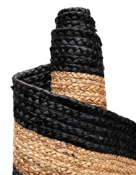 handmade Jute Runner floor carpet in black and natural jute woven braided stripes