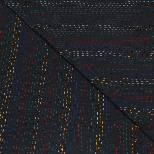 Close-up of dark fabric with multicolored stitching
