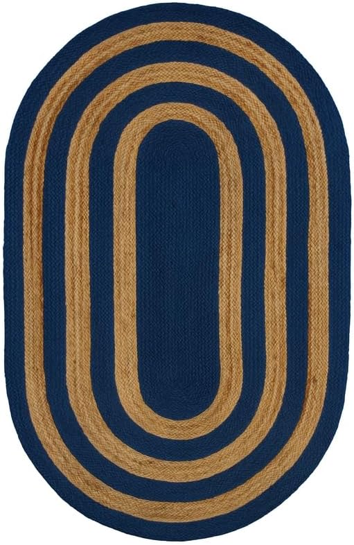 Navy blue and natural jute oval area rug with striped design, perfect for adding style to any space.