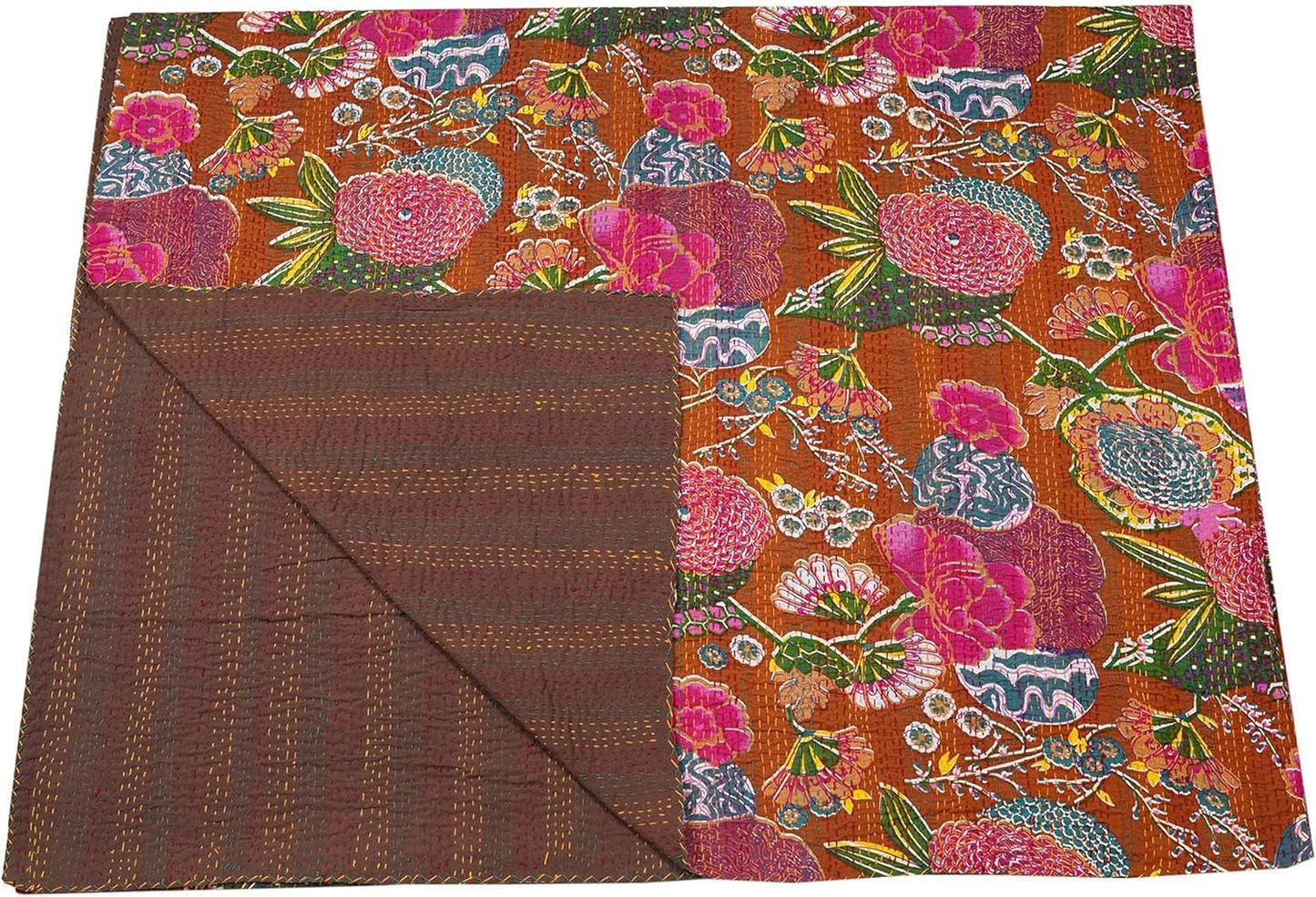 Colorful floral patterned fabric with a brown border