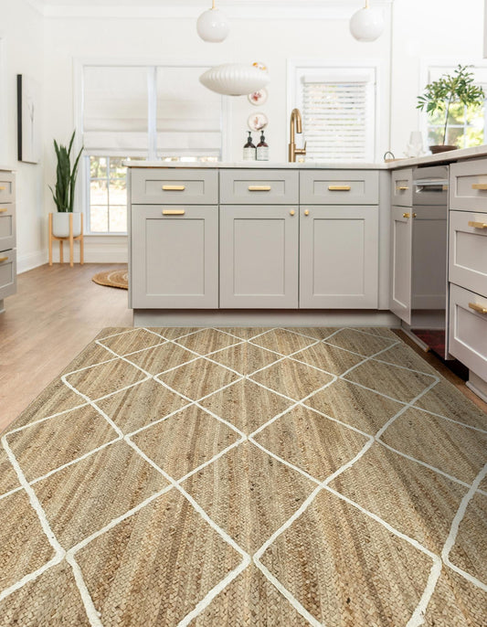 Kitchen with a patterned rug on the floor