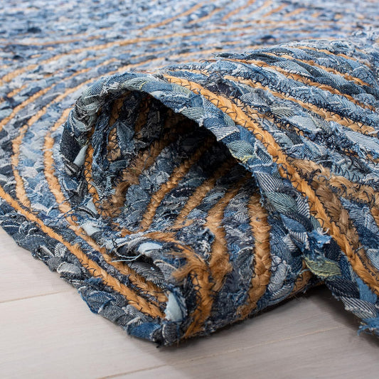Natural Jute Area Rug with a textured weave in blue and tan — perfect for enhancing any living space or entryway.