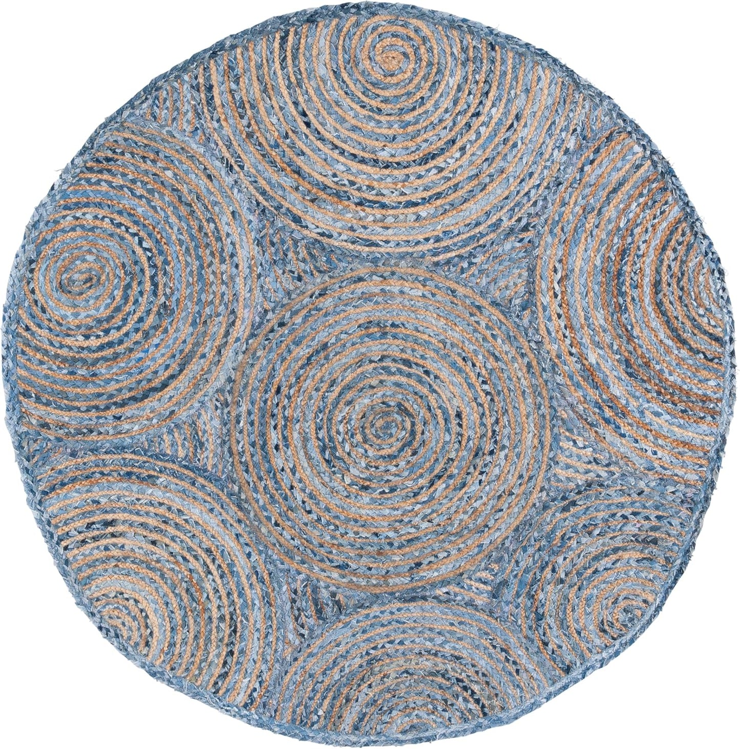 Natural Jute Area Rug in round shape with intricate spiral patterns — a textured floor carpet ideal for bohemian decor.
