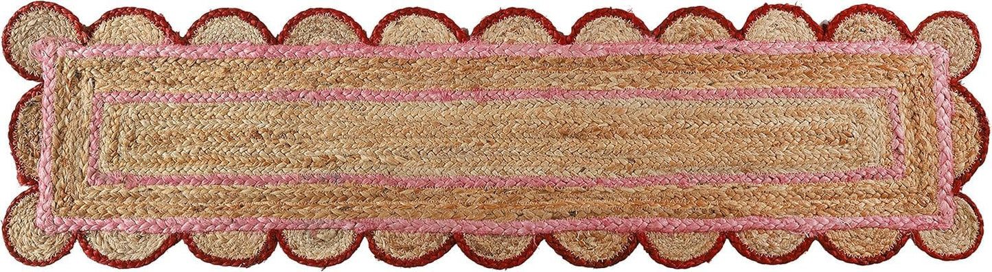 Indian Handmade Scalloped Natural Jute Pink and Red Border Dining Table Runner