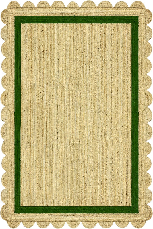 Natural Jute Area Rug with a scalloped edge and green border, perfect for adding texture to any living space.