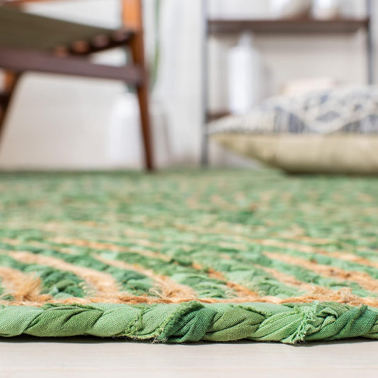Natural Jute Area Rug in green tones, offering a textured finish that enhances any living space with eco-friendly charm.