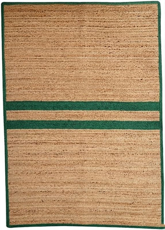Natural Jute Area Rug in tan with green border stripes for indoor floor carpet rug
