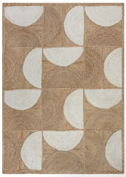 Rug with geometric pattern of white half-circle shapes on a brown background