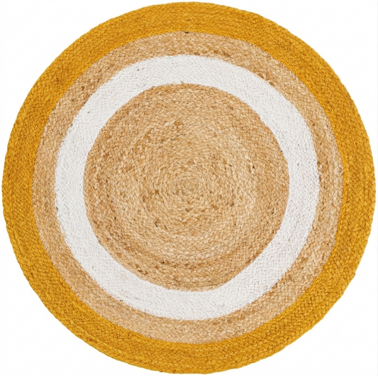 Natural Jute Area Rug Round Rug with mustard gold and white concentric circles on natural jute