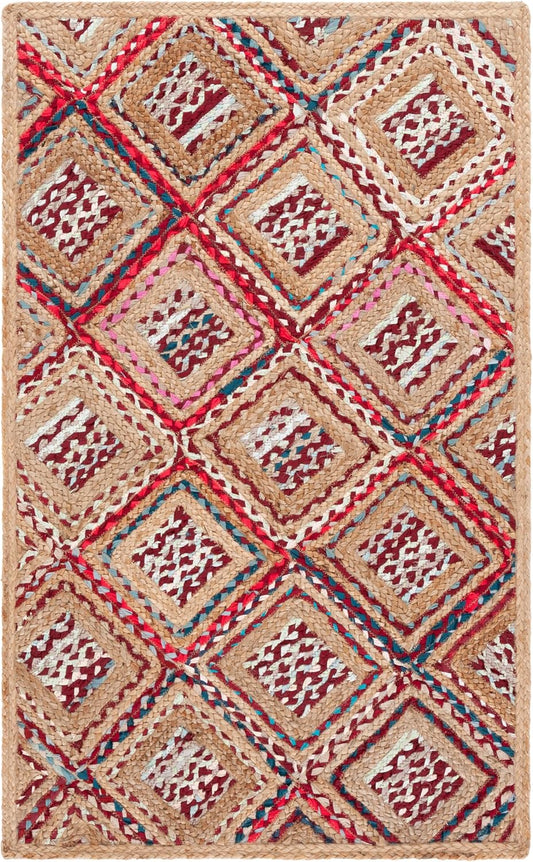 Colorful woven area rug with diamond pattern in red, beige, and teal, made from natural fibers.