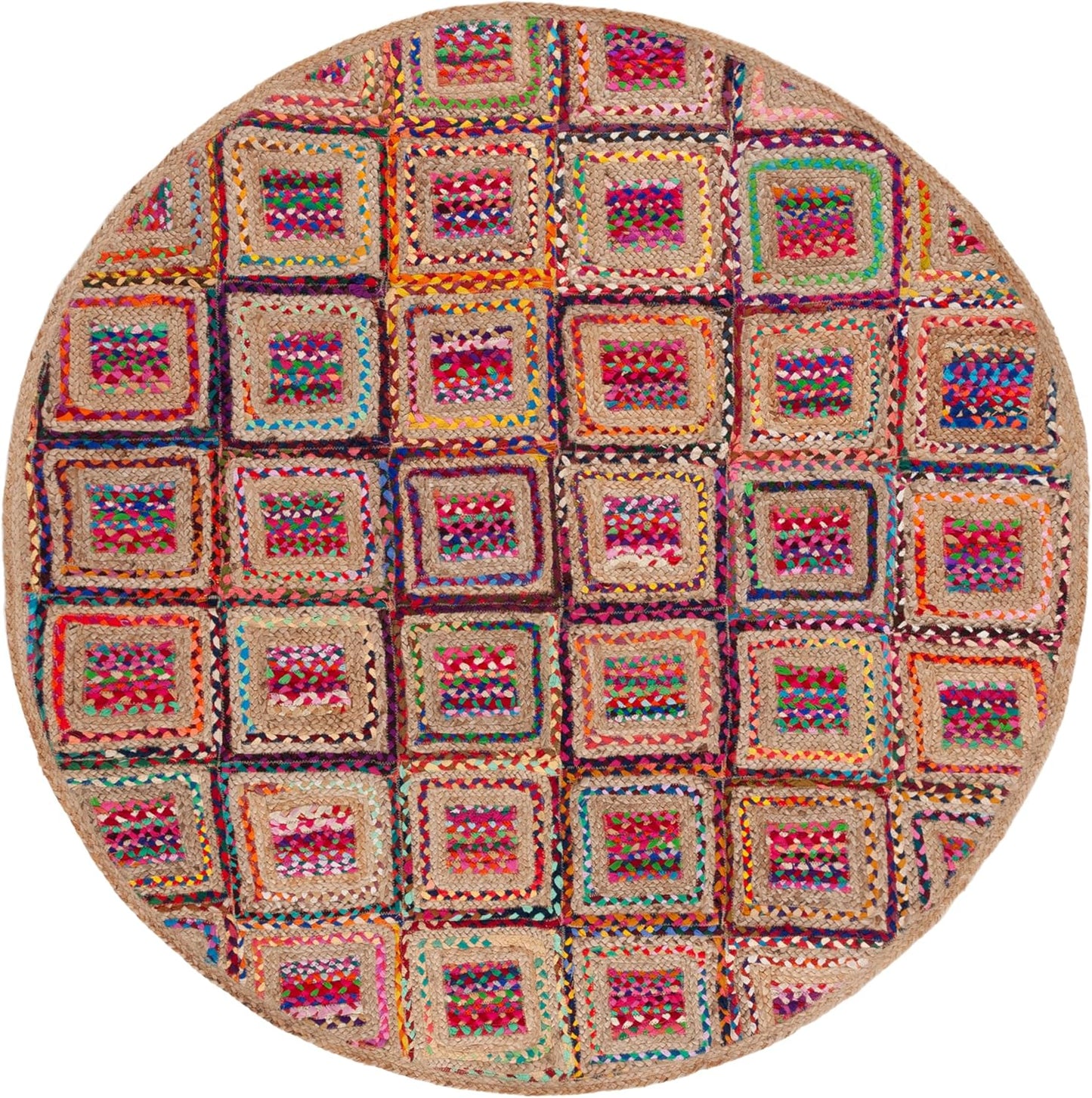 Colorful round rug made of woven jute, featuring vibrant square patterns in pinks, blues, and earthy tones.