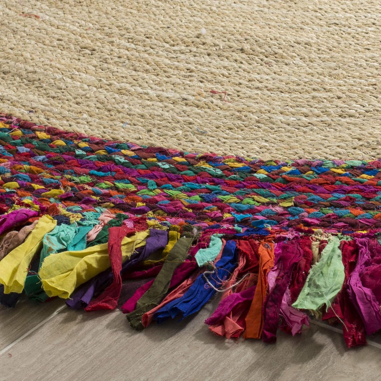 Natural Jute Area Rug with colorful braided edges — a vibrant handmade jute runner perfect for any indoor space.