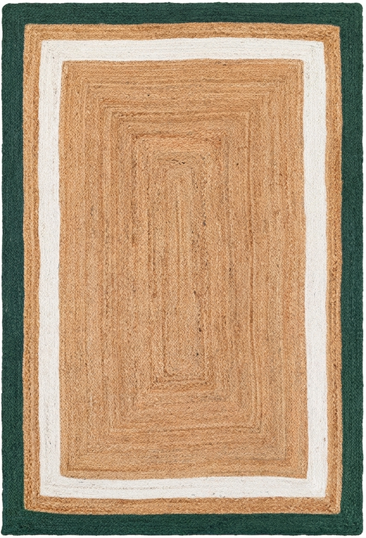 Natural Jute Area Rug with dark green border and natural jute center on white trim